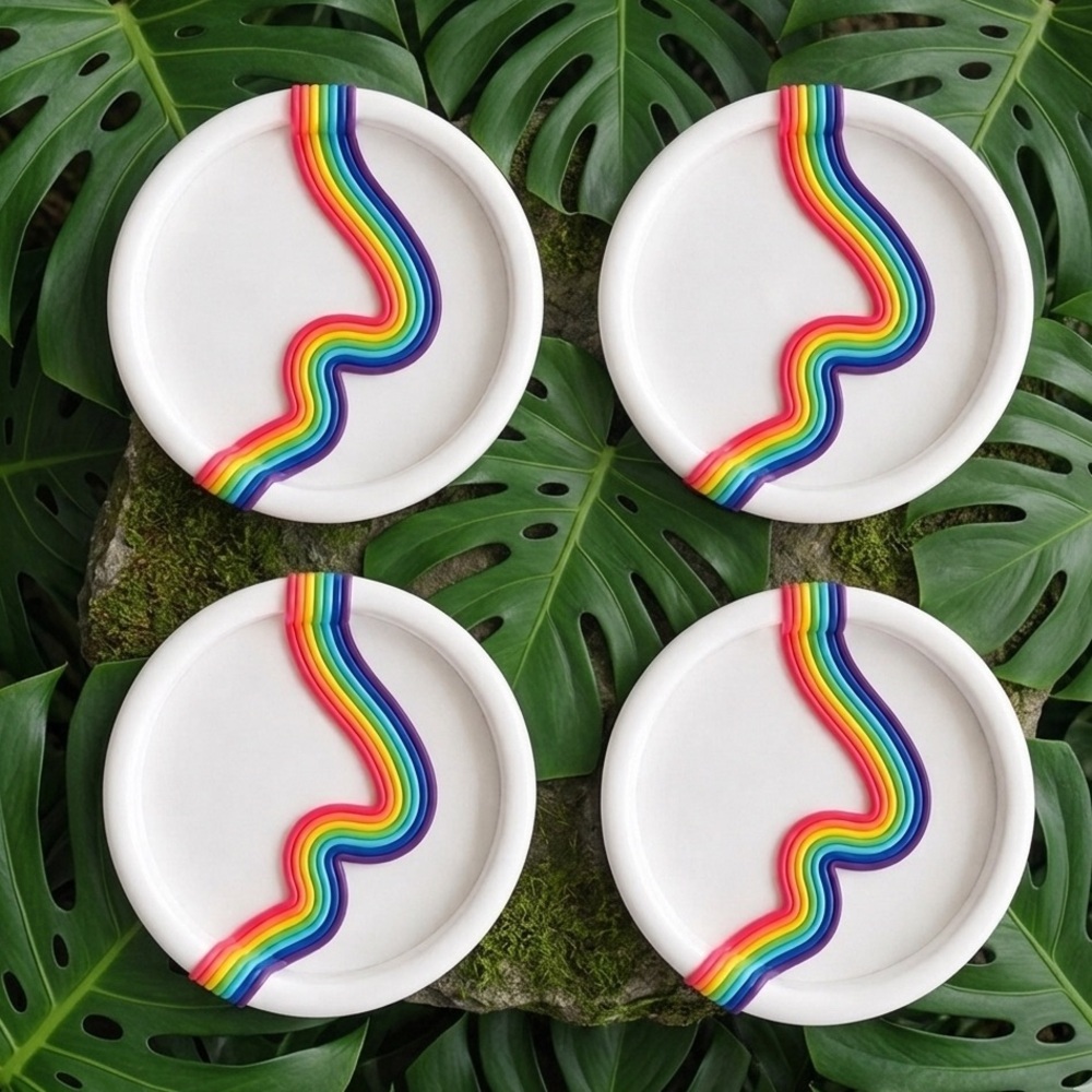 Rainbow Swirl Coaster Set - Cork backing - 4 Piece Set - White